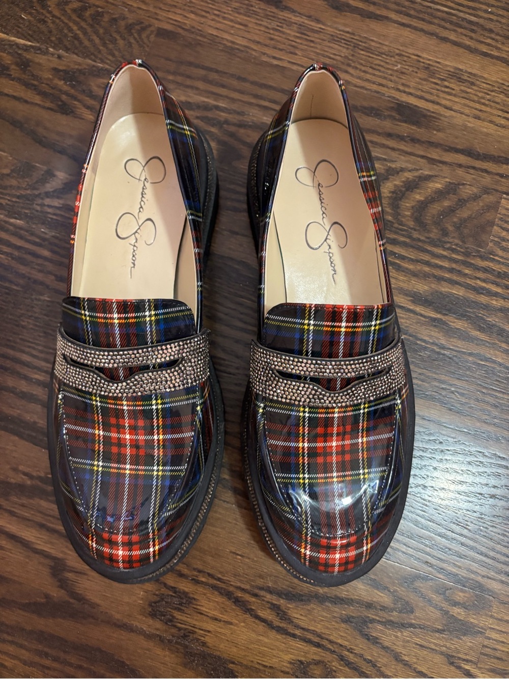 Jessica Simpson Red Plaid Patent Loafers with Rhinestones